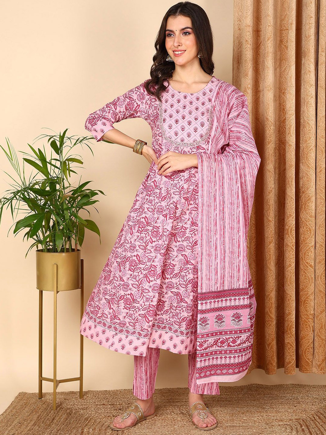 

KALINI Floral Printed Sequinned Pure Cotton A-Line Kurta with Trousers & Dupatta, Pink