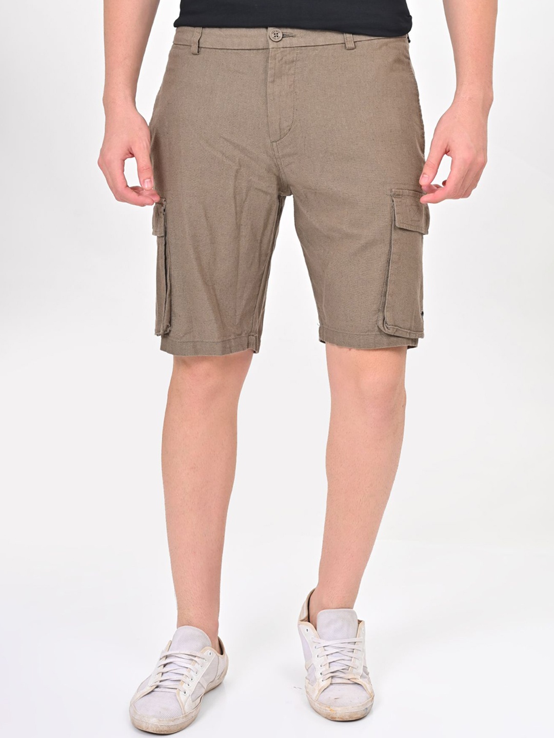 

POE Men Solid Slim Fit Linen Cargo Shorts, Olive