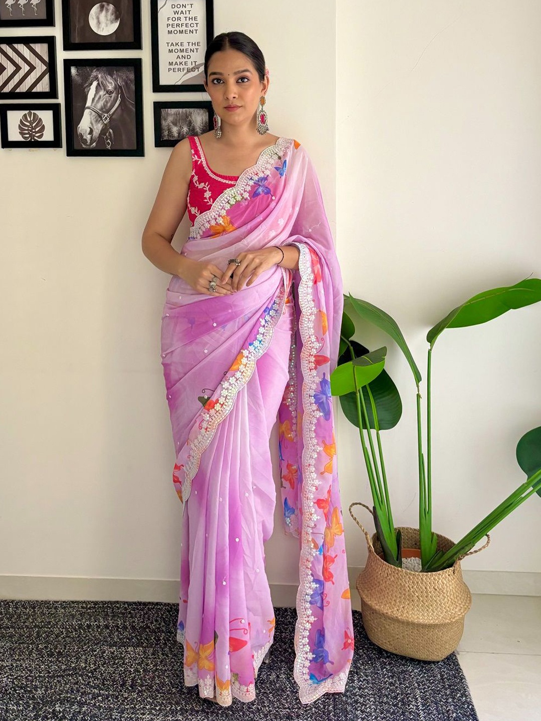 

SGF11 Ombre Embroidered Pure Georgette Saree, Pink