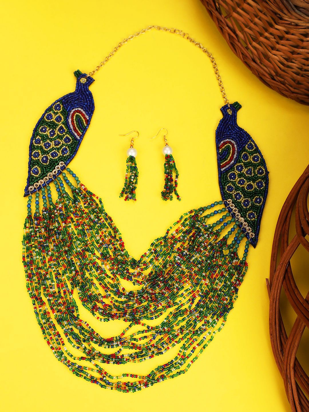 

MODE MANIA Statement Peacock Shaped Beaded Jewellery Set, Gold