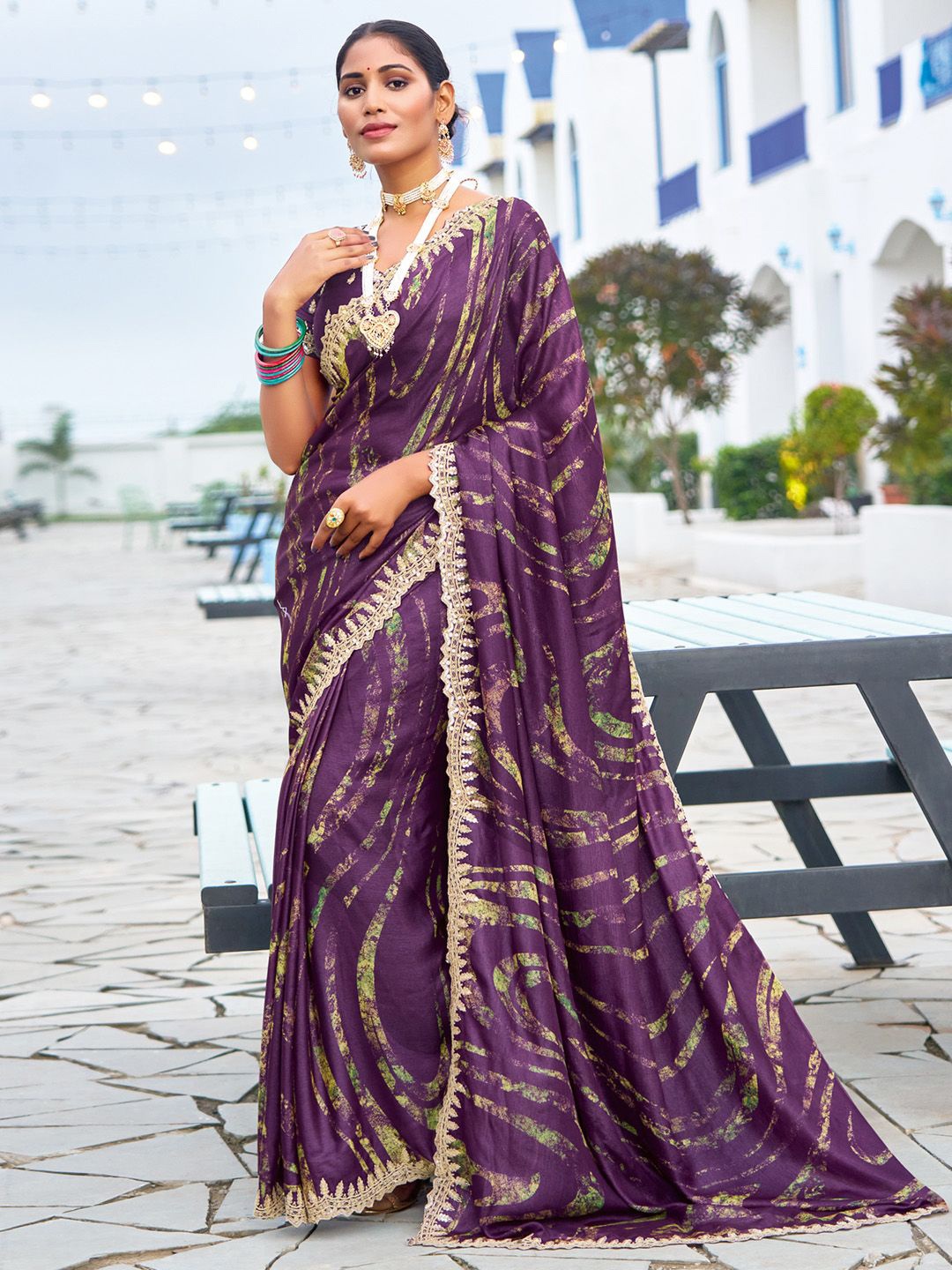 

Saree mall Sequinned Poly Chiffon Embellished border Sarees, Purple