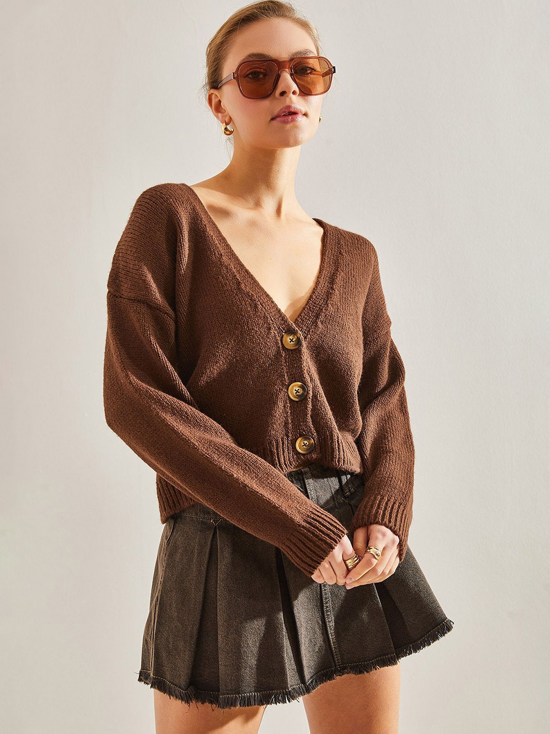 

BIANCO LUCCI Women Ribbed Cardigan, Brown