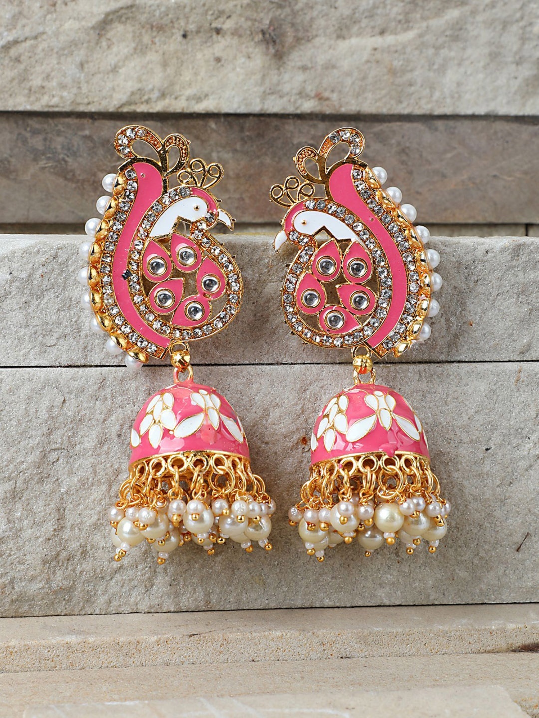 

Anouk Gold Plated Peacock Shaped Artificial Stones & Beads Studded Meenakari Jhumkas, Pink