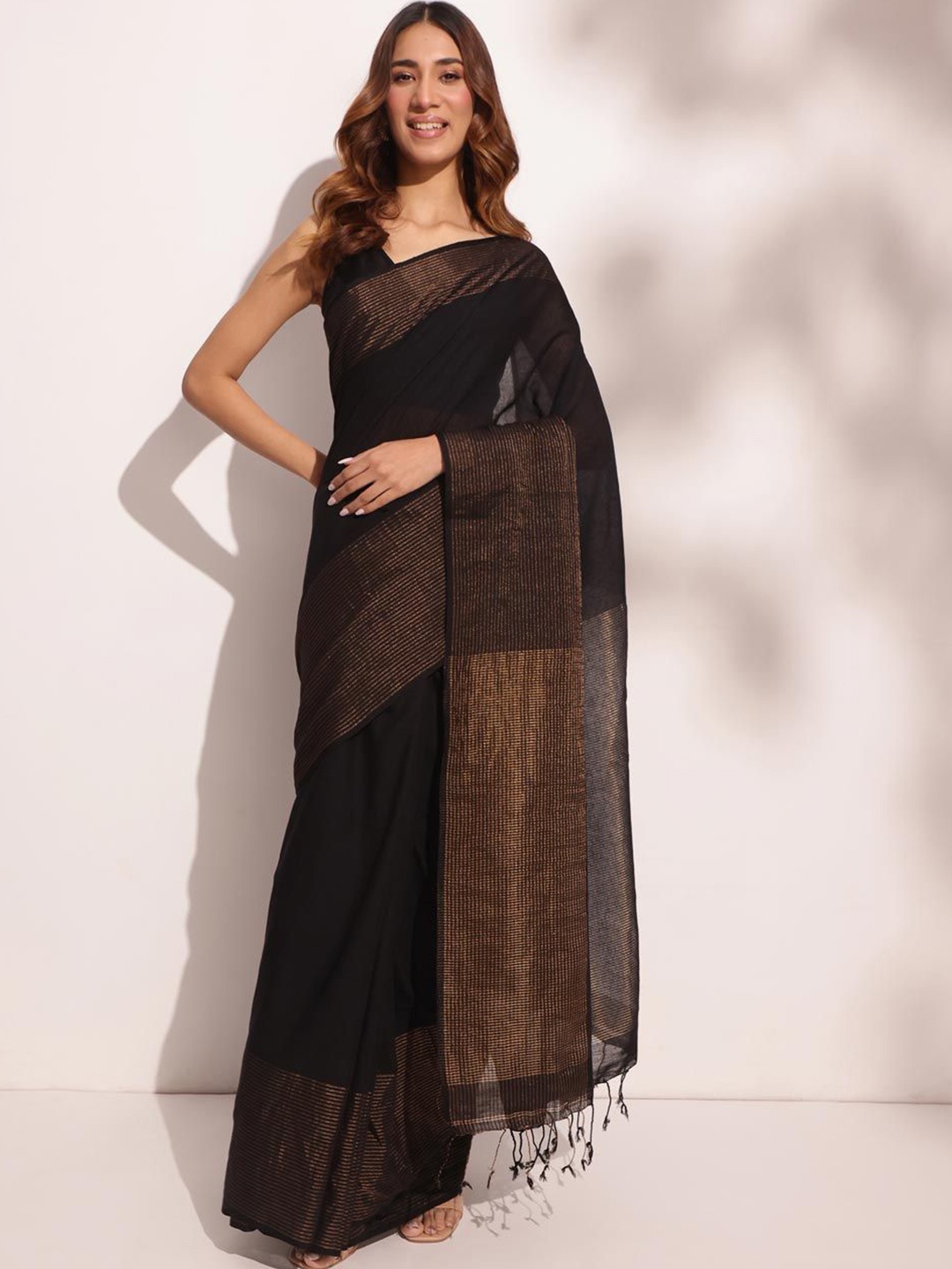 

Fabindia Striped Zari Saree, Black