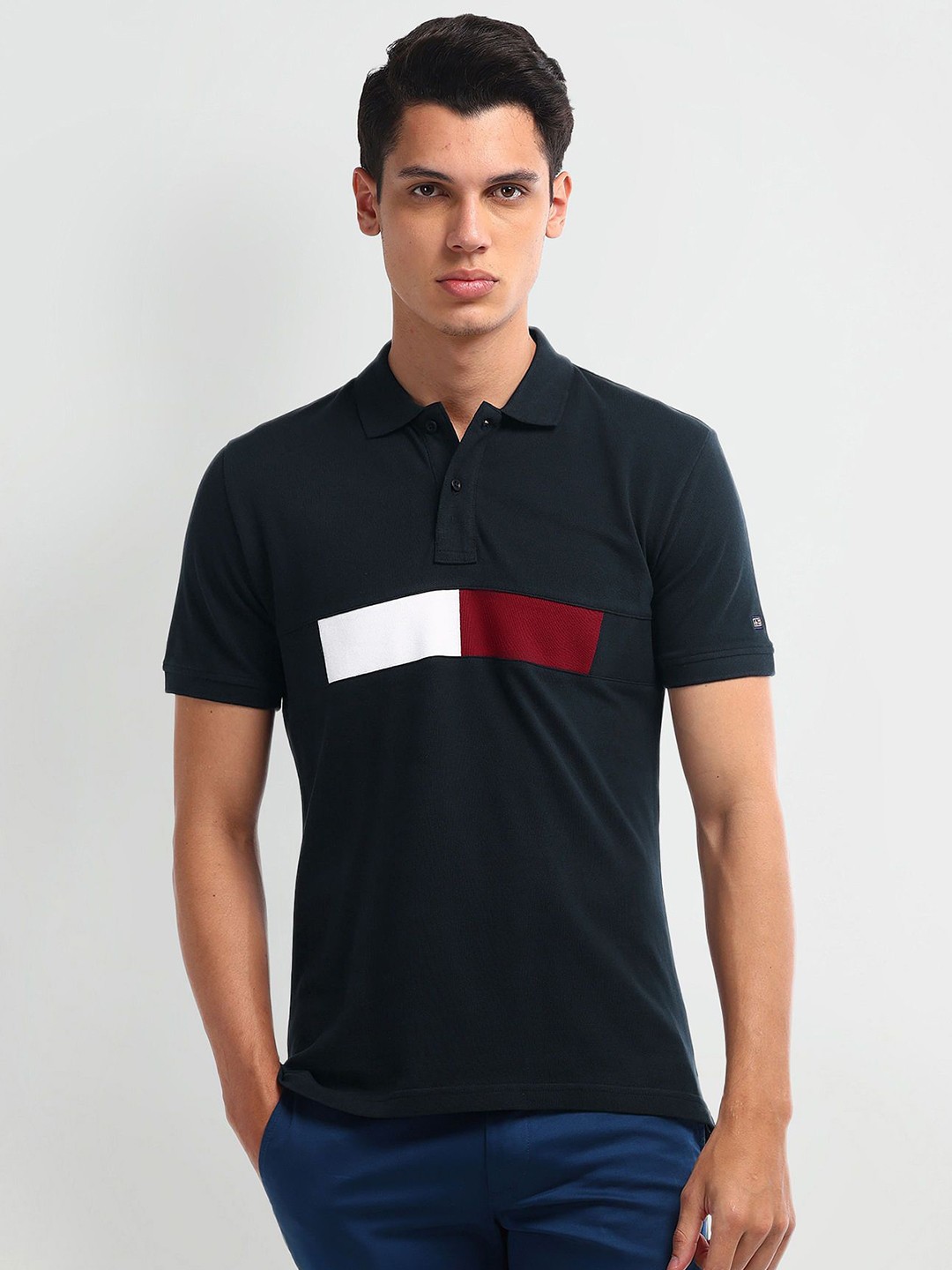 

Arrow Sport Men Abstract Printed Polo Collar Cotton T-Shirt, Blue