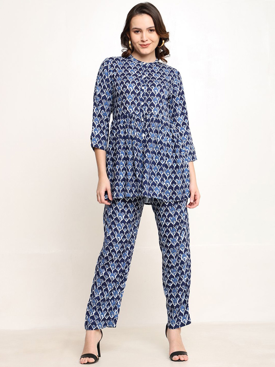 

CORDSET Printed Pure Cotton Tunic With Trouser, Navy blue