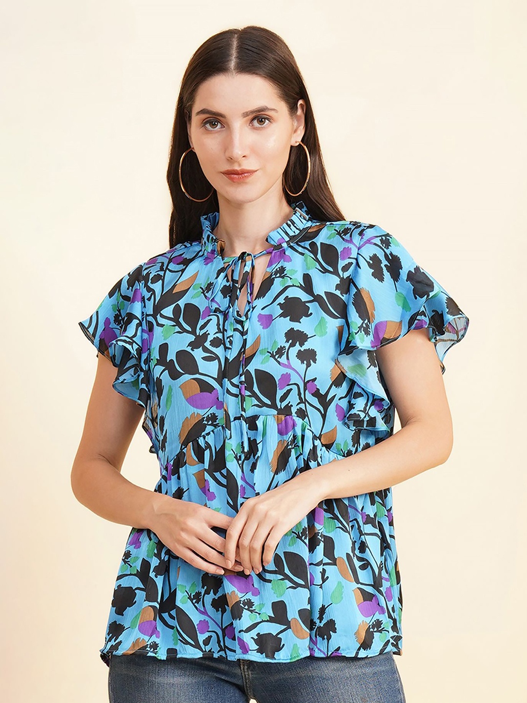 

Fbella Floral Print Tie-Up Neck Flared Sleeve Top, Multi