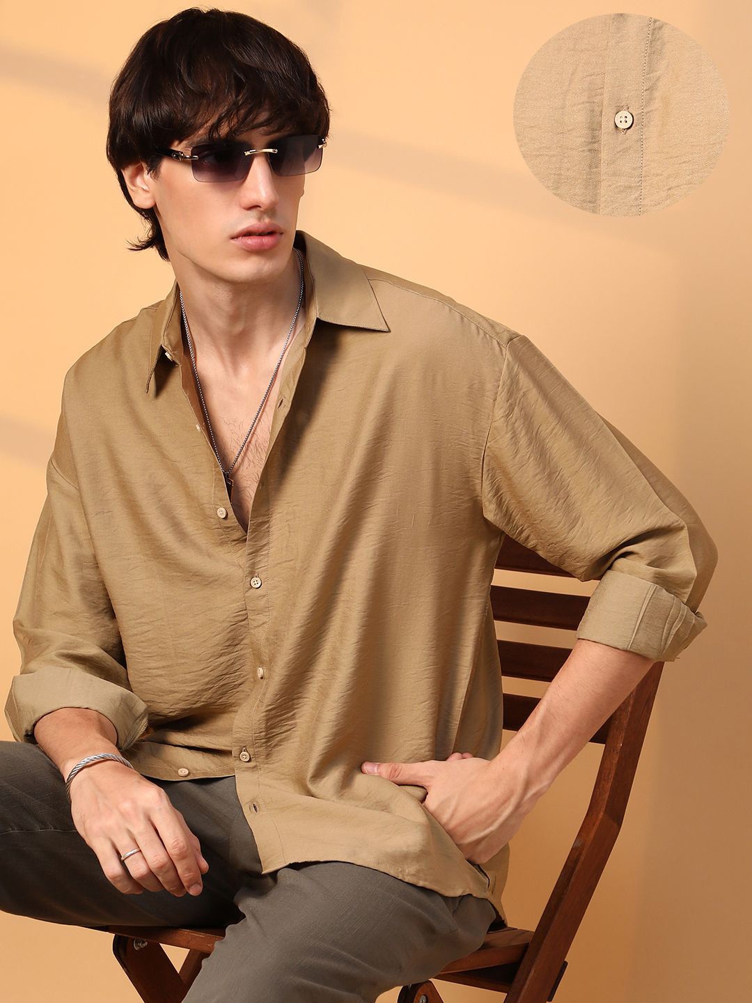 

Campus Sutra Men Comfort Spread Collar Solid Casual Shirt, Khaki
