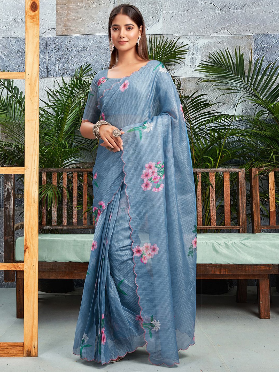 

all about you Floral Silk Cotton Ready to Wear Kota Saree, Grey