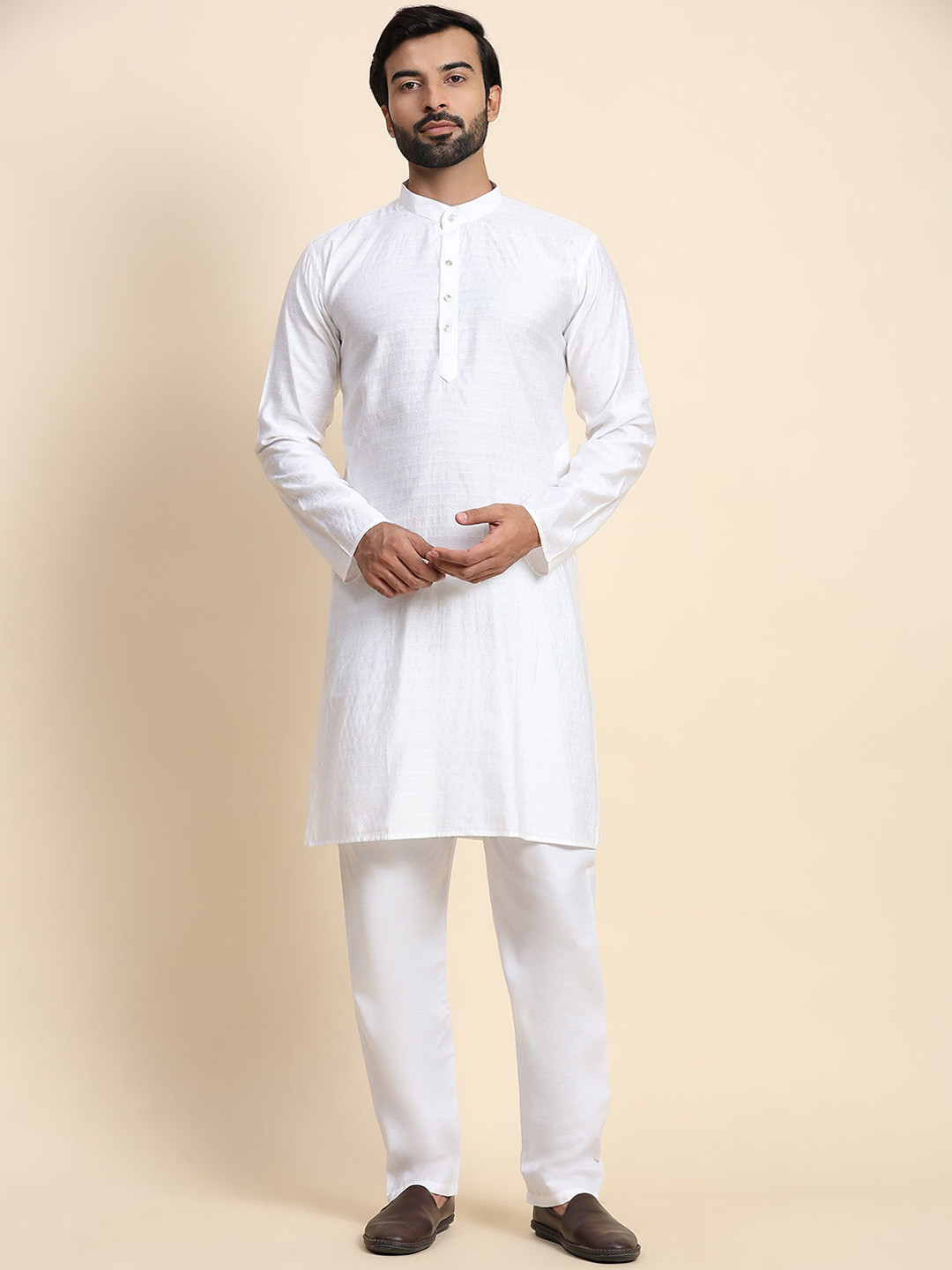 

Rawayi Ethnic Motifs Woven Design Band Collar Pure Cotton Straight Kurta, White