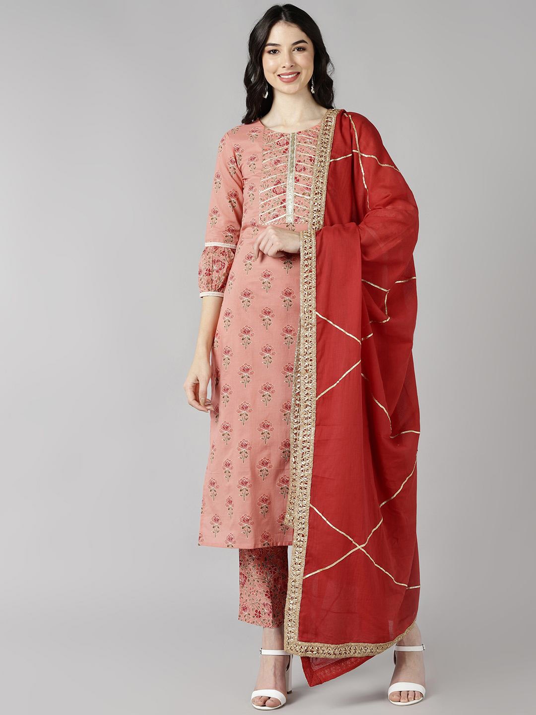 

KALINI Floral Printed Gotta Patti Pure Cotton Straight Kurta With Trousers & Dupatta, Peach