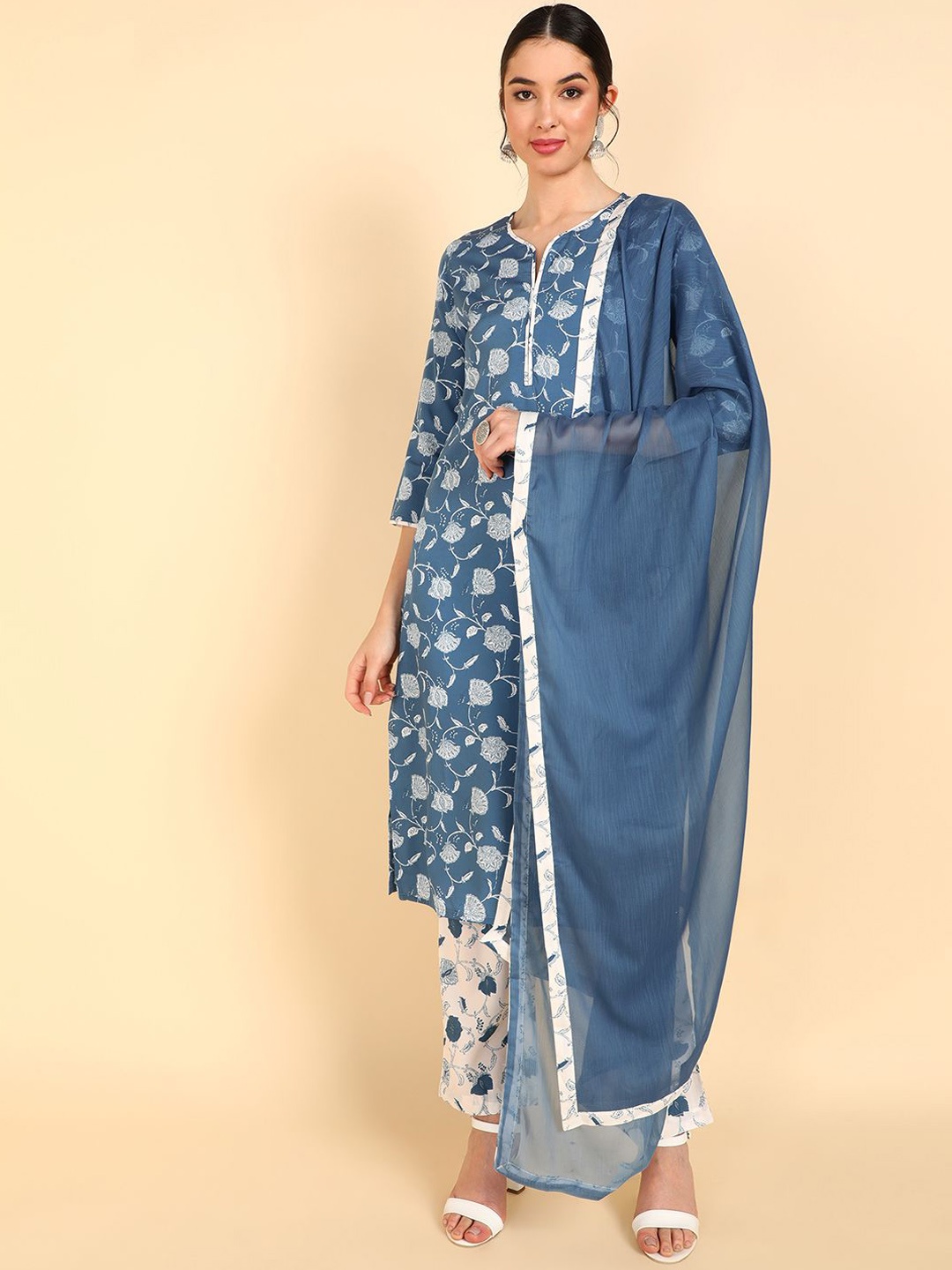 

KALINI Floral Printed Regular Straight Kurta with Trousers & Dupatta, Blue
