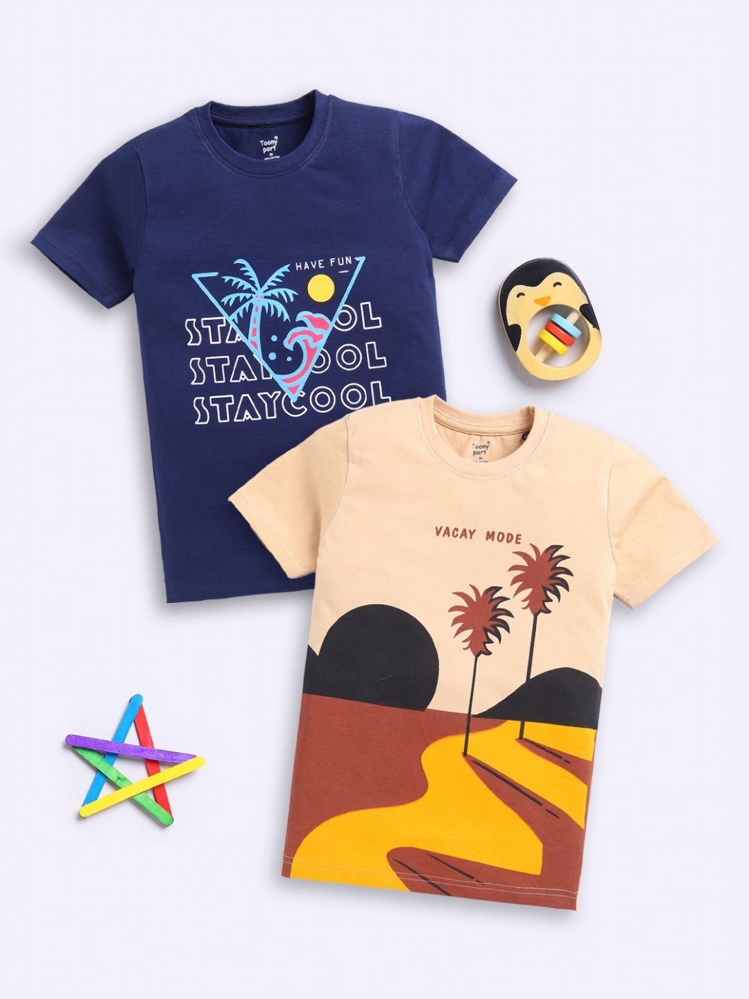 

Toonyport Boys Pack Of 2 Graphic Printed Round Neck Cotton T-Shirts, Navy blue