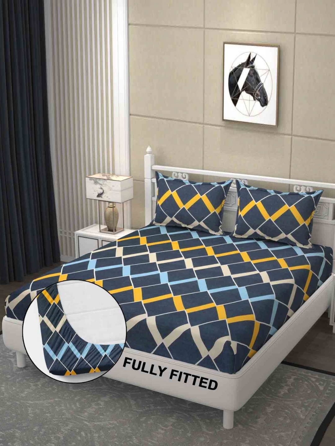 

FINE TEX WORLD Navy Blue Geometric 180 TC Fitted King Bedsheet With 2 Pillow Covers