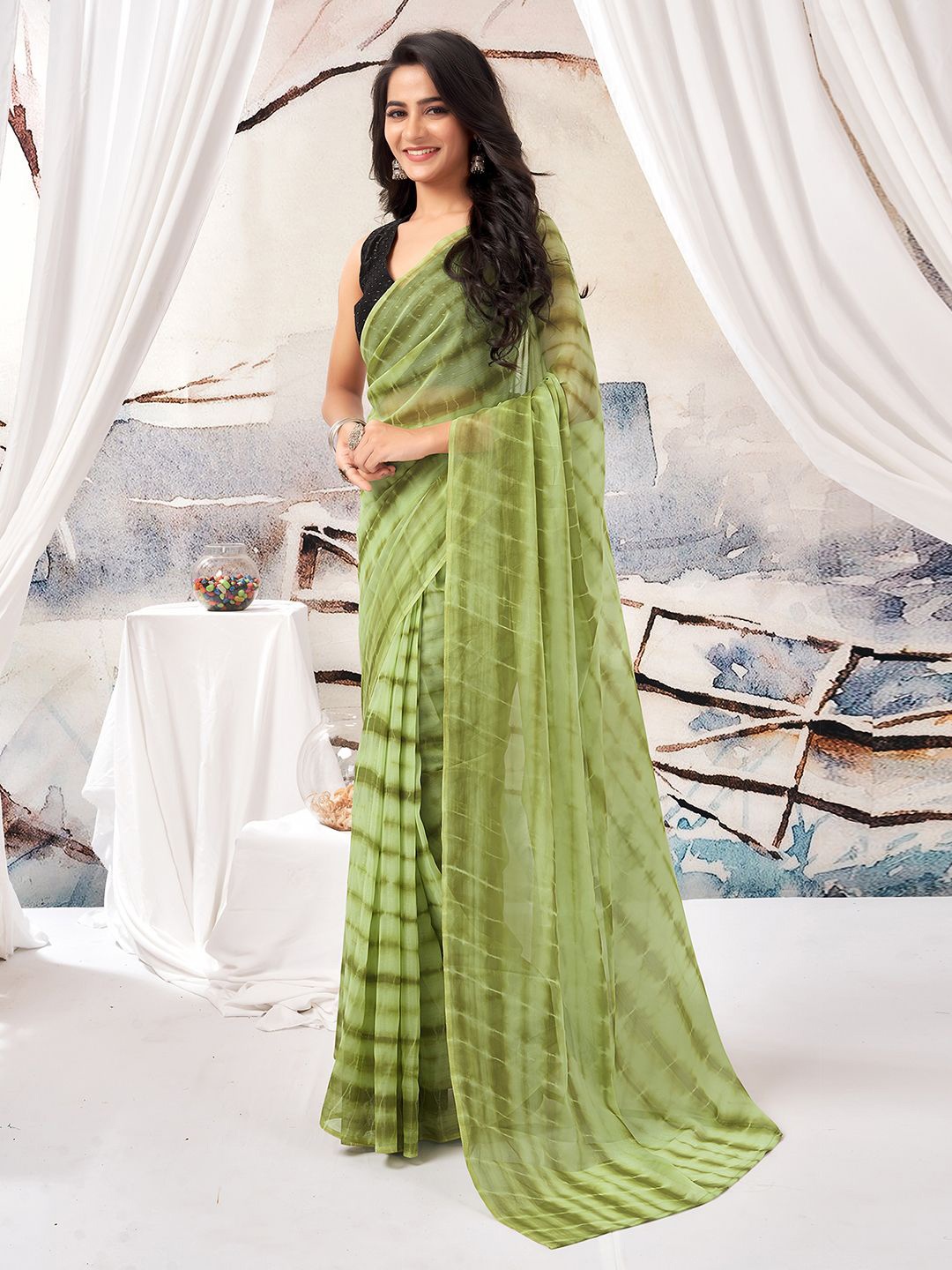 

all about you Tie and Dye Pure Chiffon Ready to Wear Saree, Green