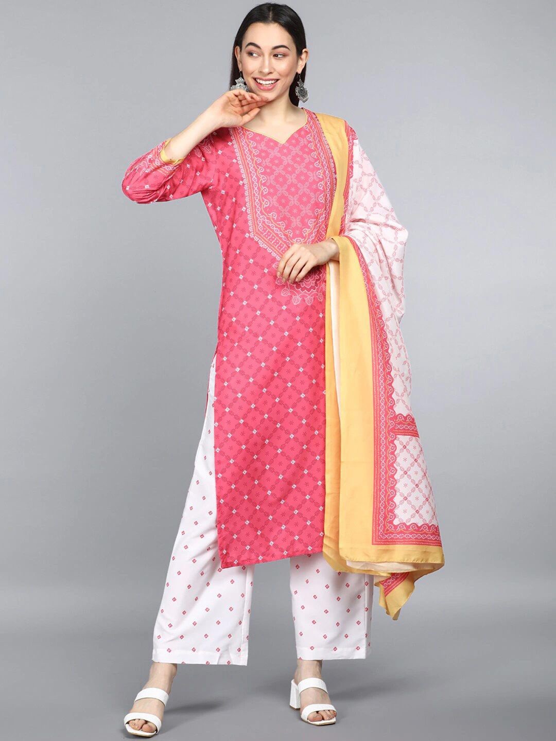 

Anouk Bandhani Printed Regular Straight Kurta with Trousers & Dupatta, Pink