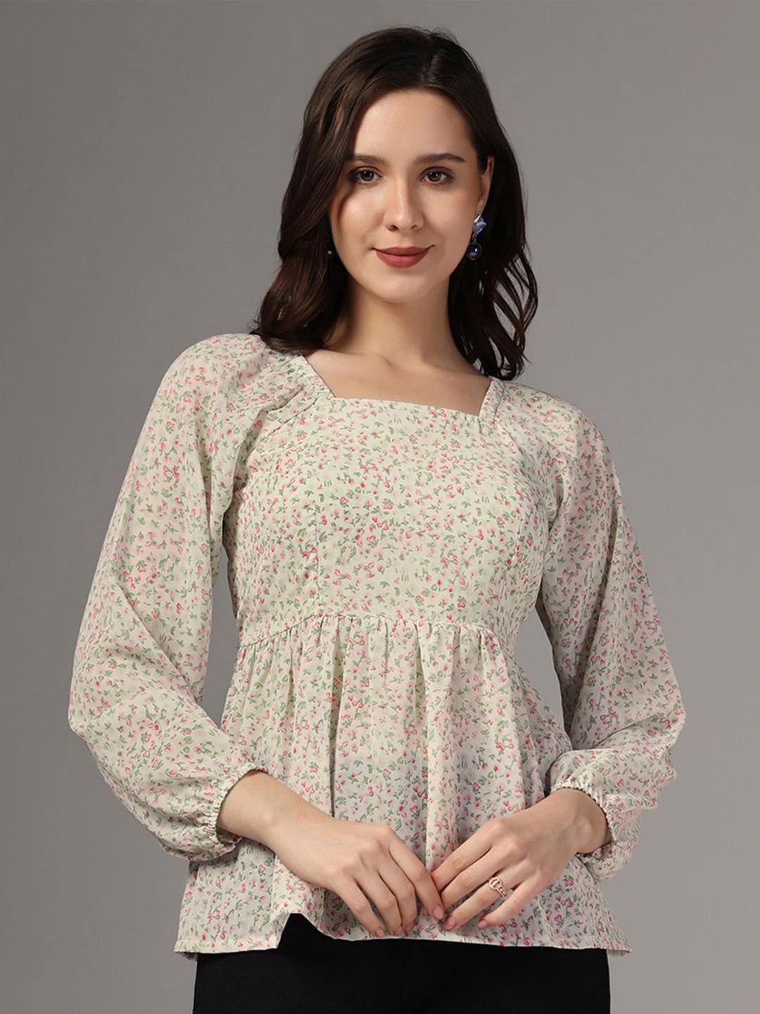 

BAESD Floral Print Puff Sleeve Georgette Top, Off white