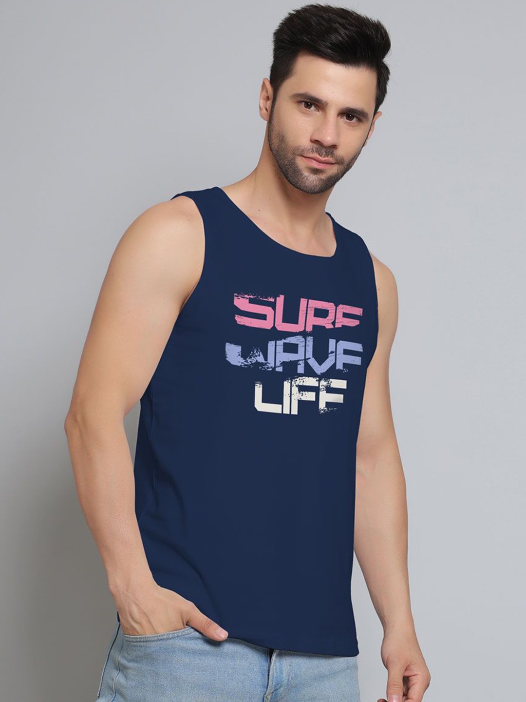 

DAB SHARK Men Printed Sleeveless Innerwear Gym Vests, Navy blue