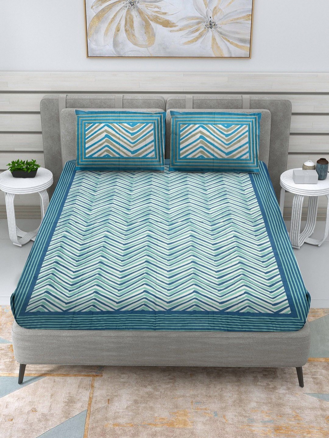 

RRC Blue Geometric 120 TC Pure Cotton Queen Bedsheet With 2 Pillow Covers