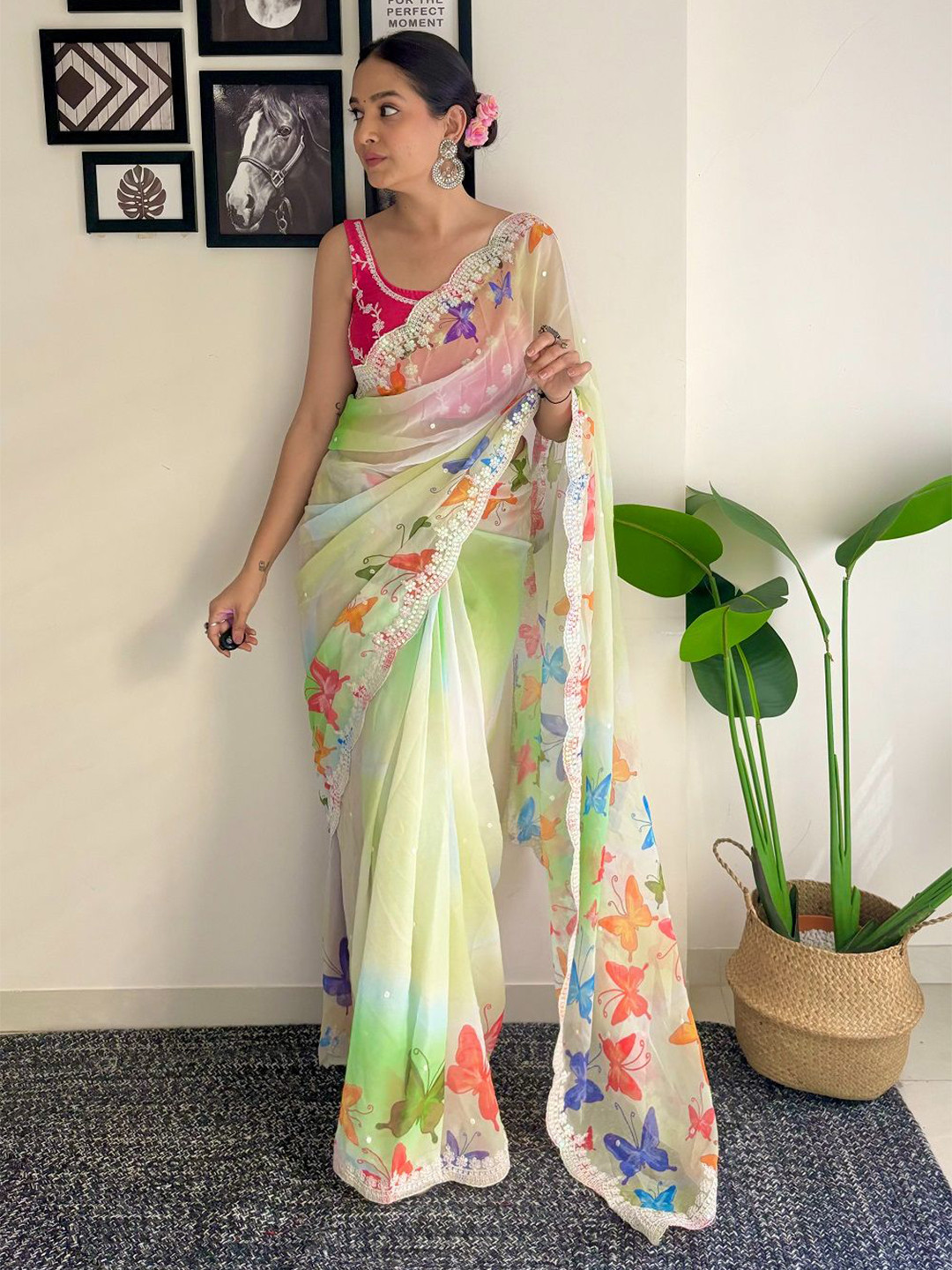 

SGF11 Floral Printed Pure Georgette Saree, Lime green