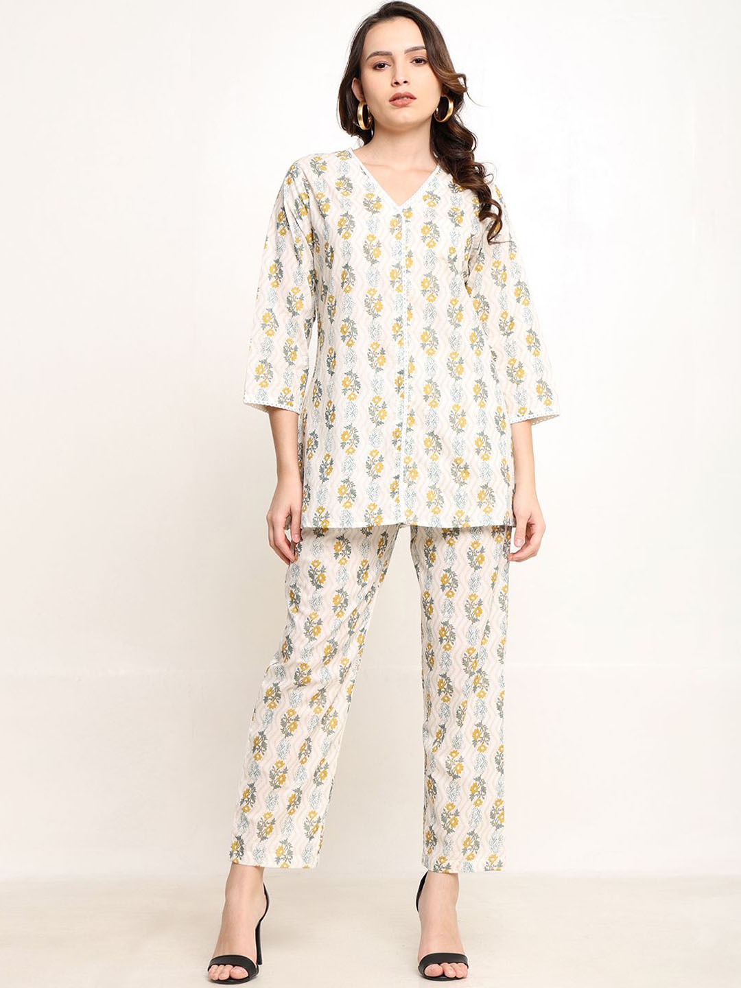 

CORDSET Printed Pure Cotton Tunic & Trousers, Off white