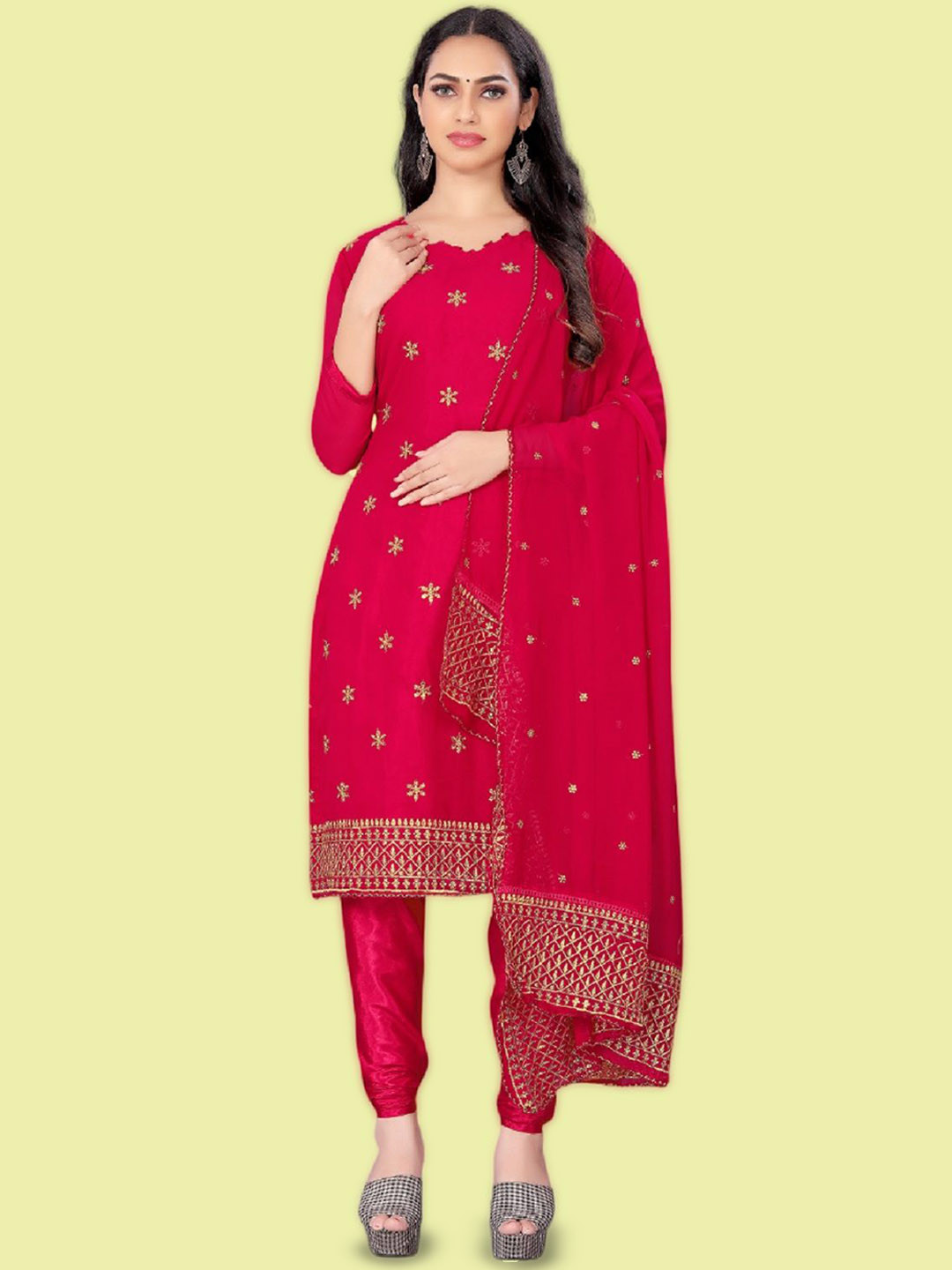 

APNISHA Floral Embroidered Zari Work Silk Georgette Unstitched Dress Material, Magenta
