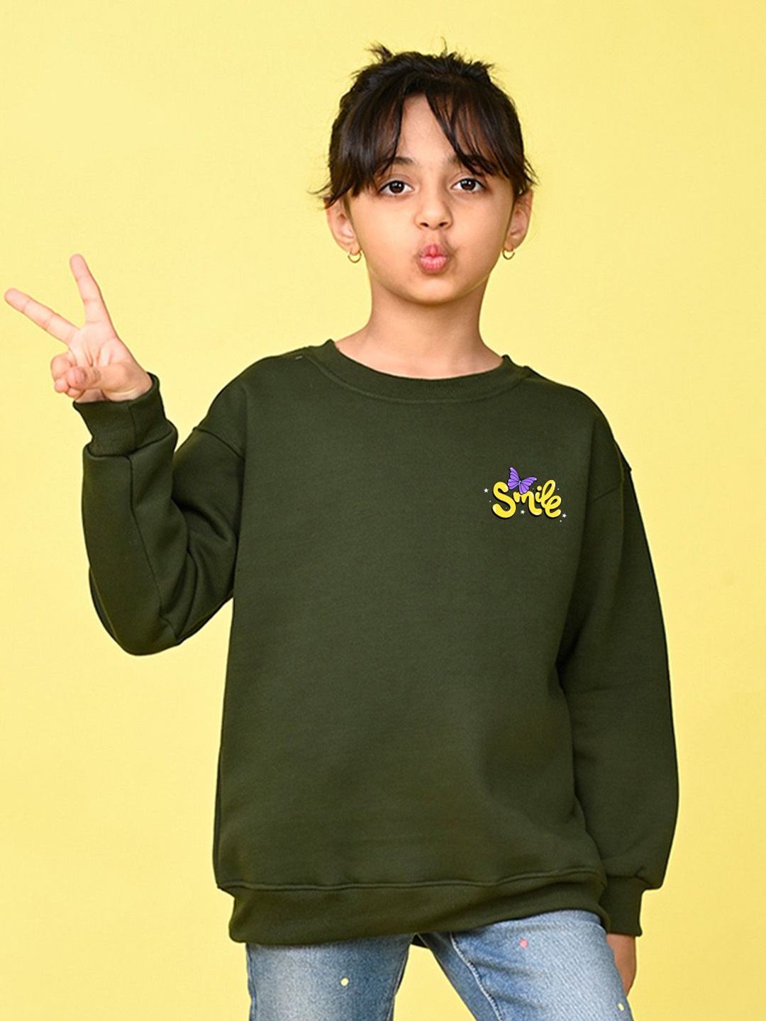 

NUSYL Girls Typography Printed Oversized Sweatshirt, Green