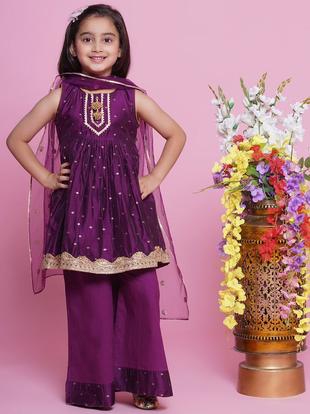 

Little Bansi Girls Floral Embroidered Thread Work Kurta with Palazzos & Dupatta, Purple