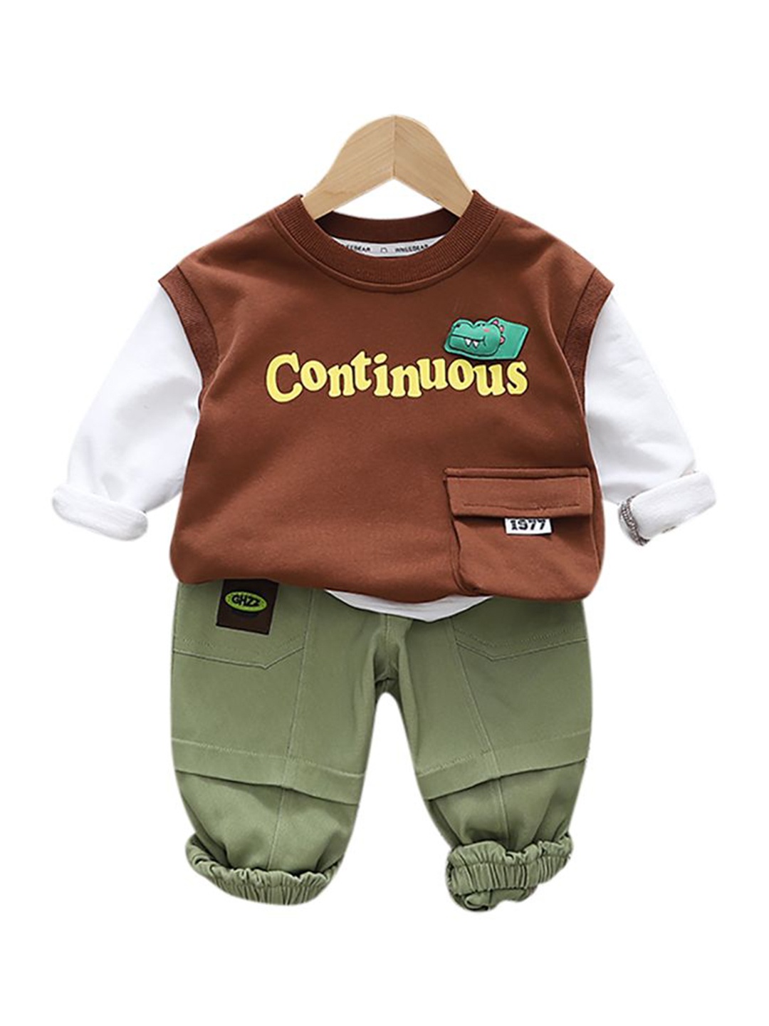

StyleCast x Revolte Boys Colourblocked Pure Cotton T-shirt with Trousers, Brown
