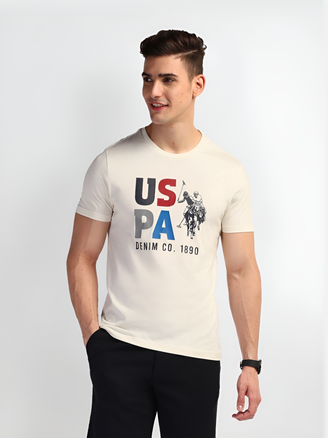 

U.S. Polo Assn. Denim Co. Men Typography Printed Round Neck Cotton Slim Fit T-Shirt, White