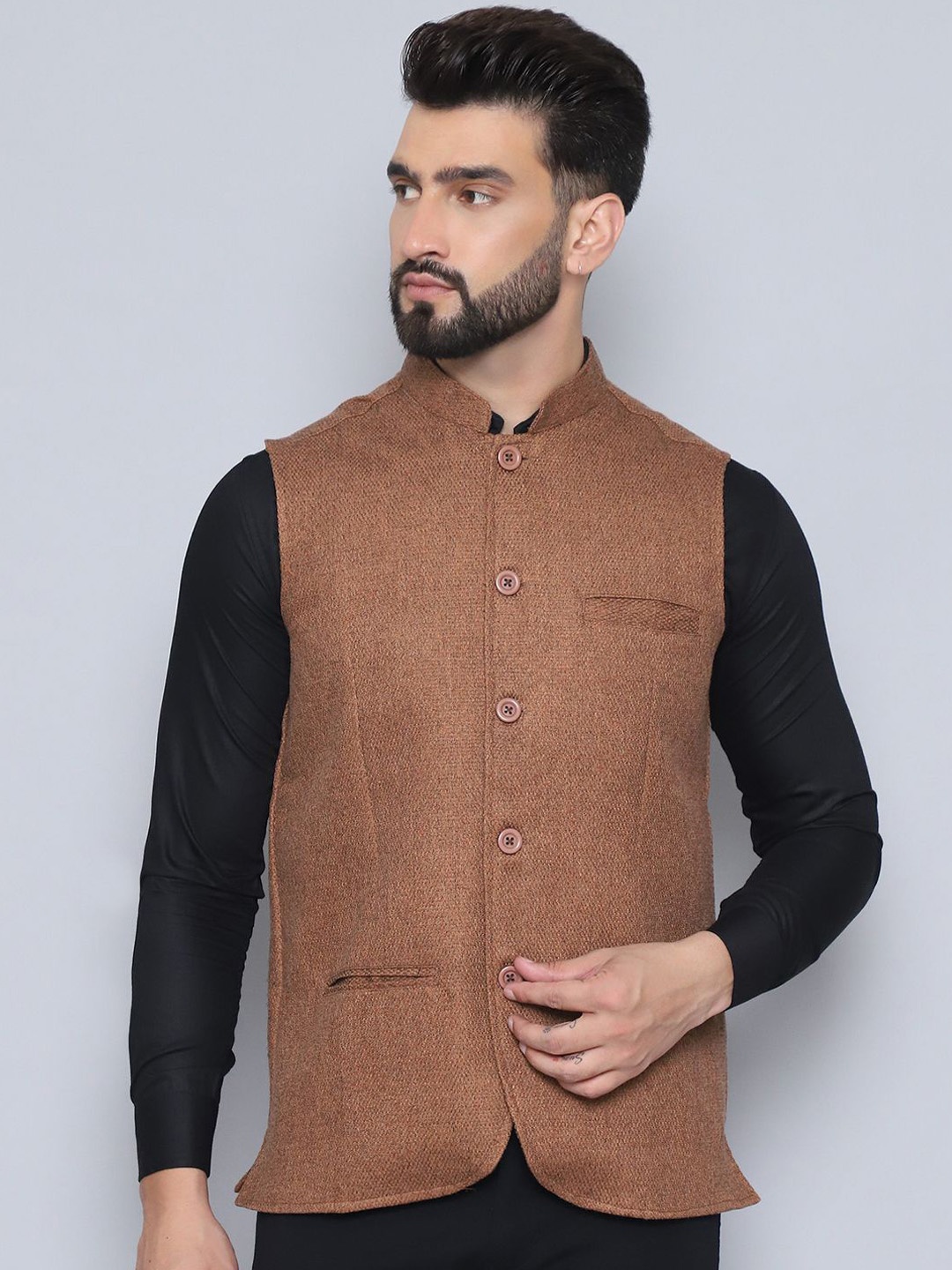 

even Woven Design Nehru Jacket, Brown