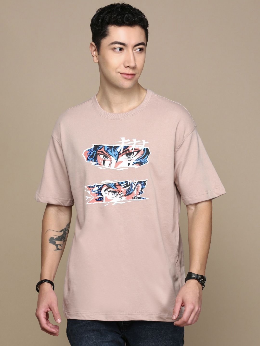 

Chennis Men Graphic Printed Round Neck Cotton Oversized T-shirt, Peach