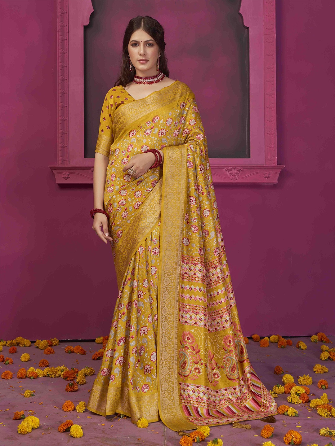 

Ethnielle Floral Woven Design ZariSaree, Mustard