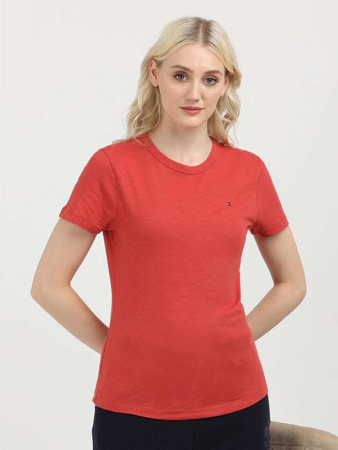 

Tommy Hilfiger Women Solid Round Neck Cotton Slim Fit T-Shirt, Red