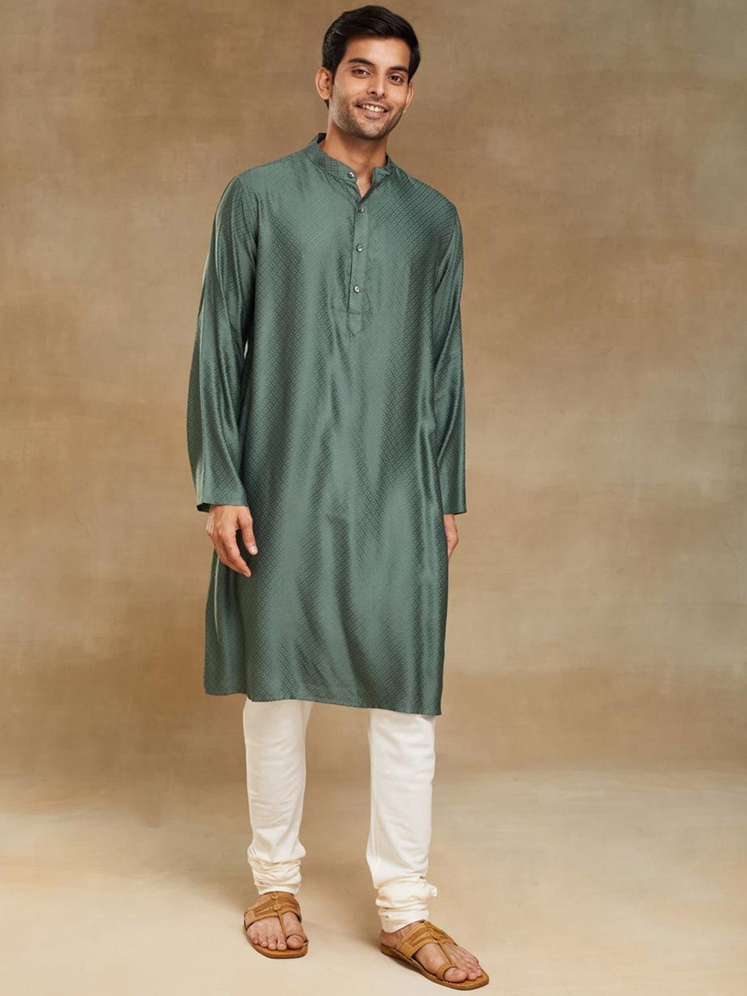 

Fabindia Geometric Printed Band Colar Straight Kurta, Green