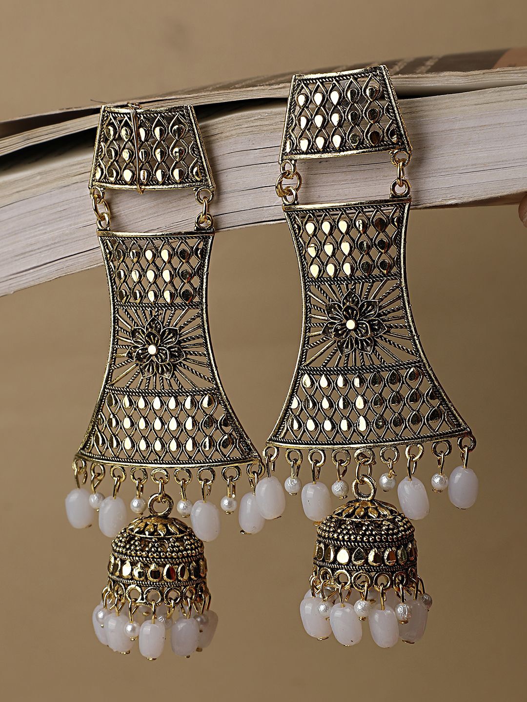 

MODE MANIA Gold-Plated Pearls Beaded Contemporary Drop Earrings