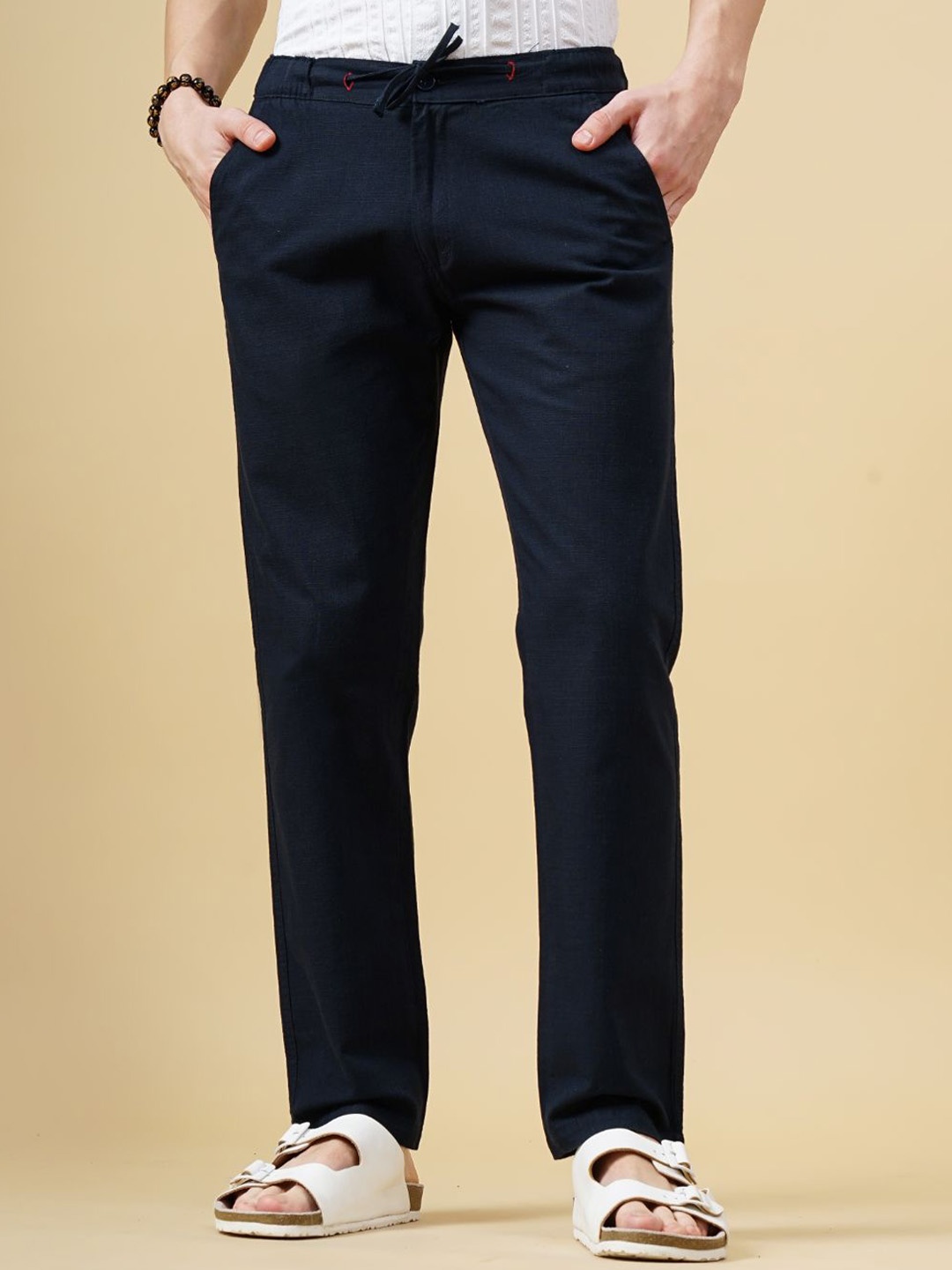 

PAUL STREET Men Solid Relaxed Loose Fit Linen Trousers, Navy blue