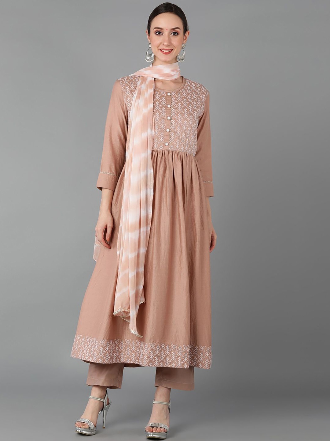 

KALINI Floral Embroidered Sequinned A-Line Kurta with Trousers & Dupatta, Beige