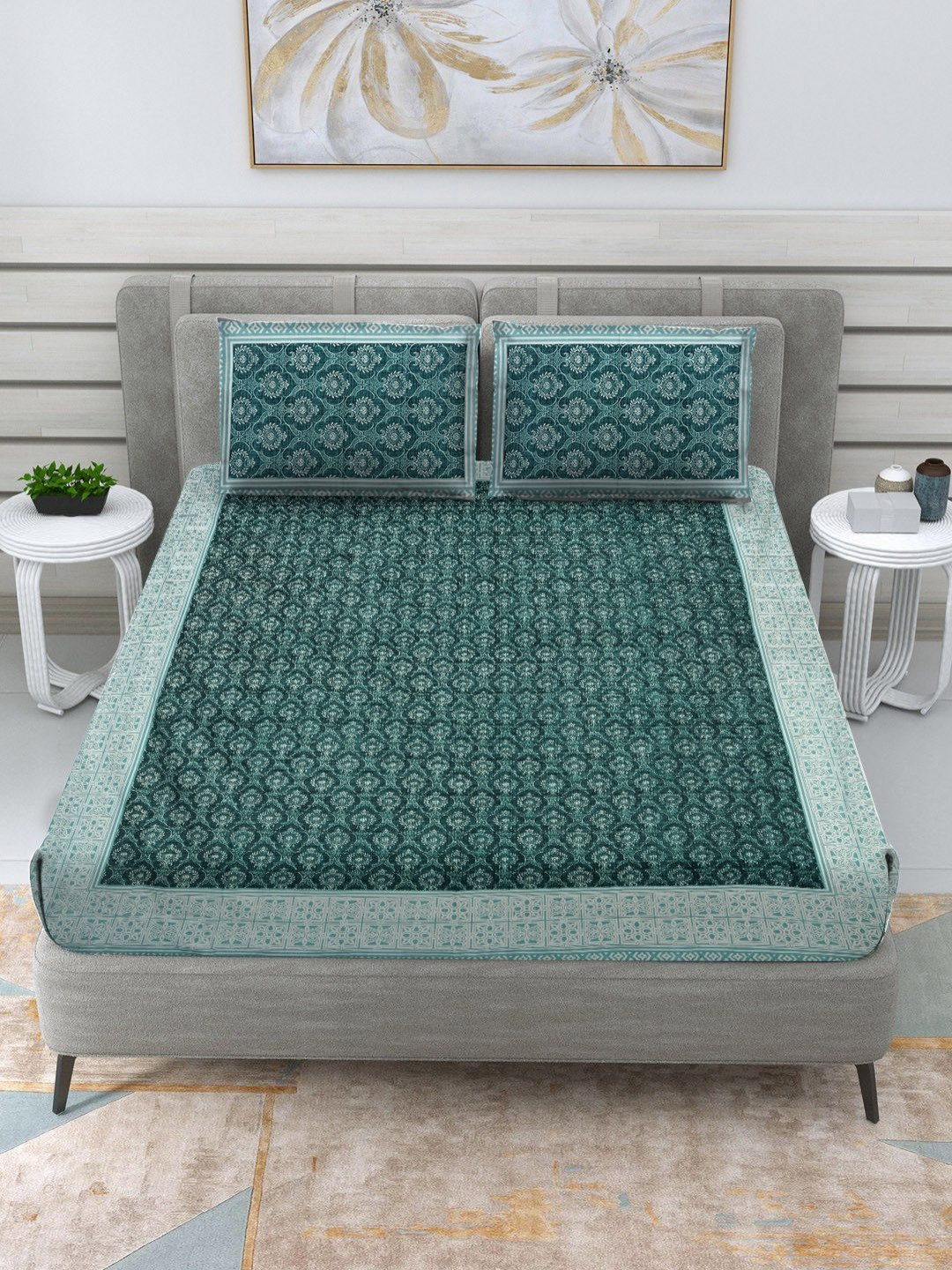

RRC Green Ethnic Motifs 120 TC Pure Cotton Queen Bedsheet With 2 Pillow Covers
