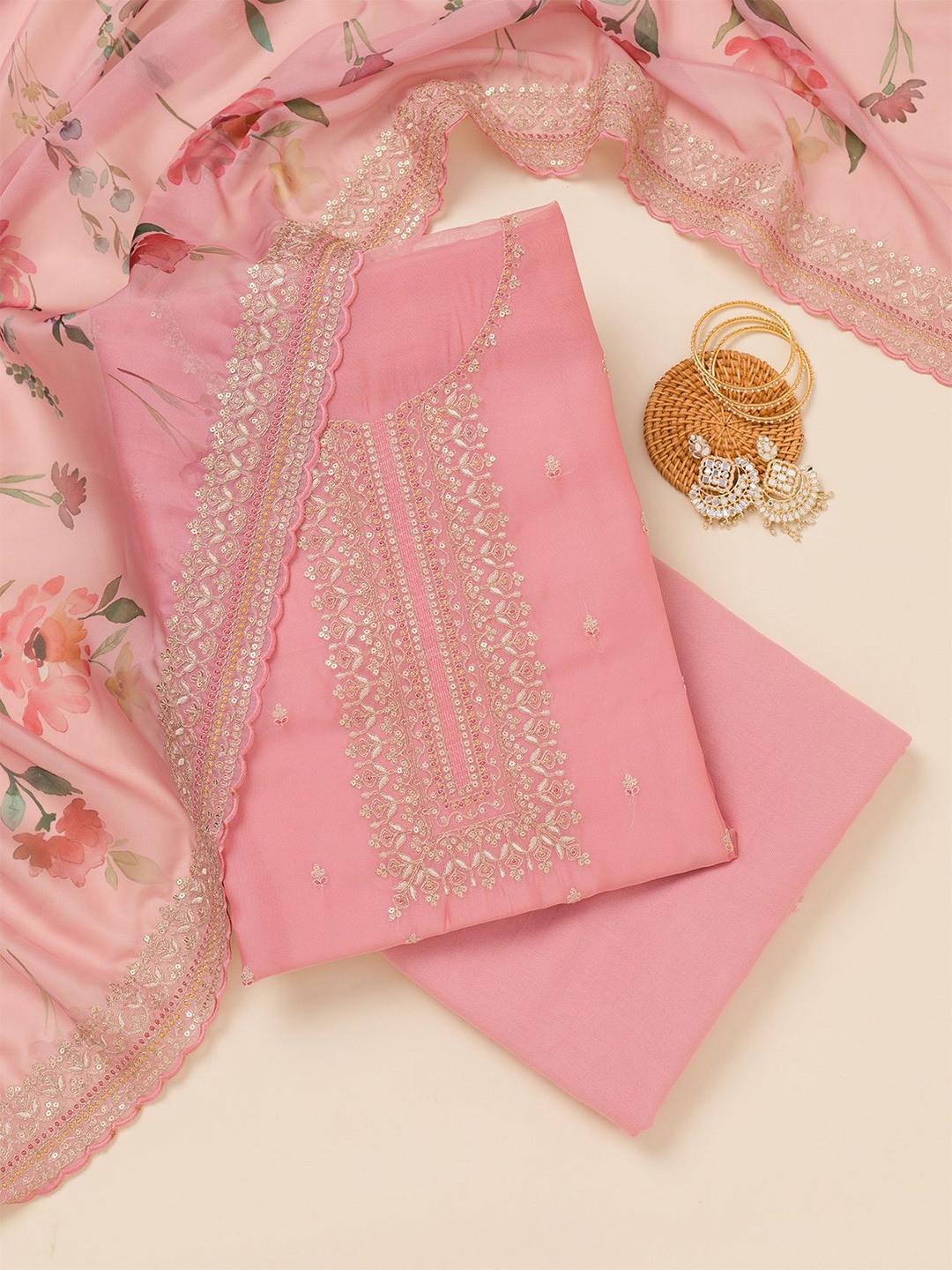 

Koskii Floral Embroidered Unstitched Dress Material, Peach
