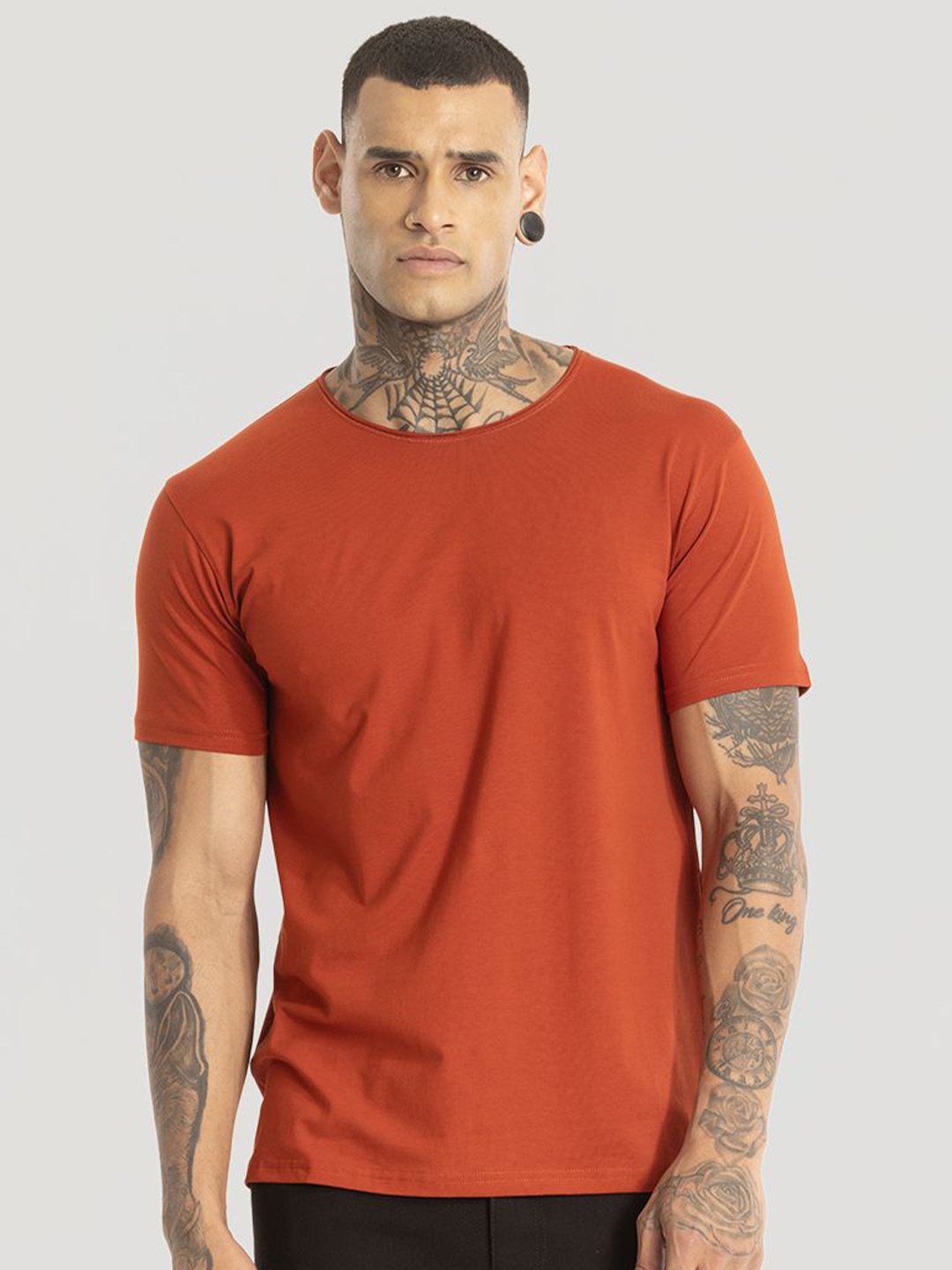 

Snitch Men Solid Round Neck Cotton Slim Fit T-shirt, Orange