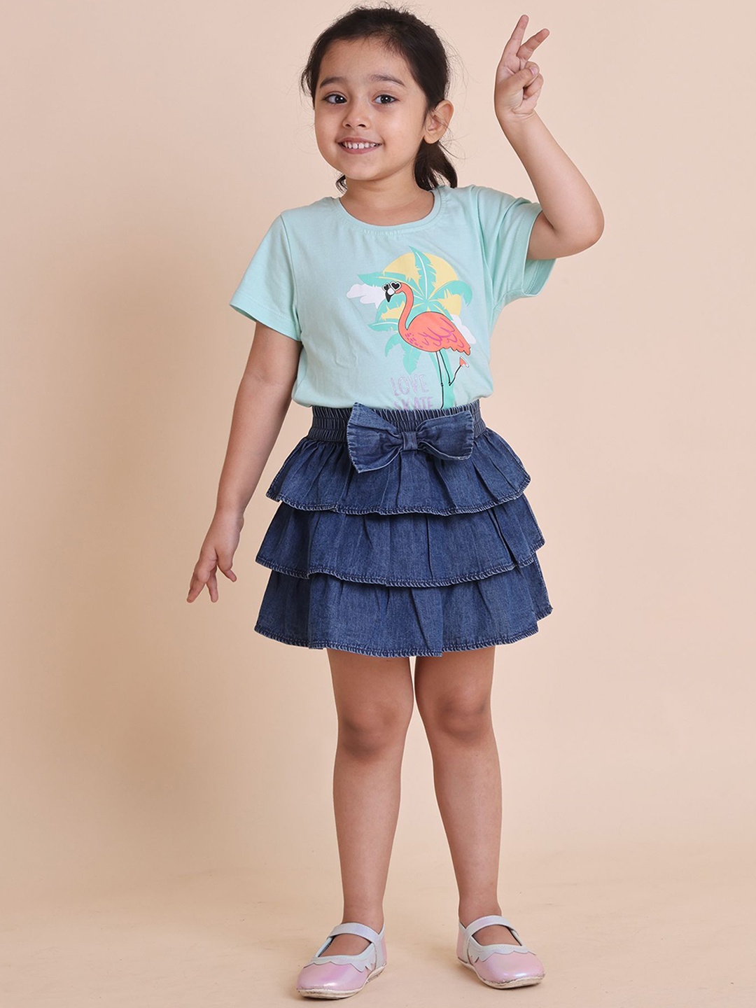

House of Spades Girls Denim Flared Mini Skirt, Blue