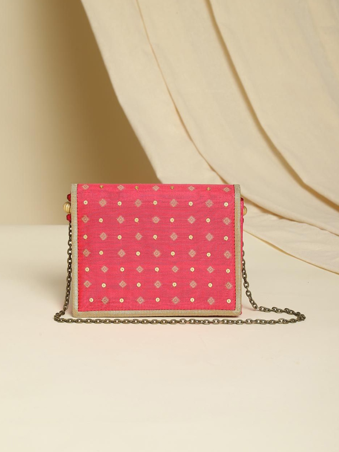 

Fabindia Embellished Brocade Foldover Clutch, Pink