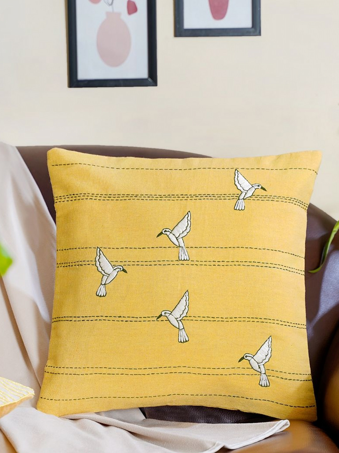 

Mid July Home The Yellow morning Yellow Abstract Embroidered Cotton Square Cushion Cover