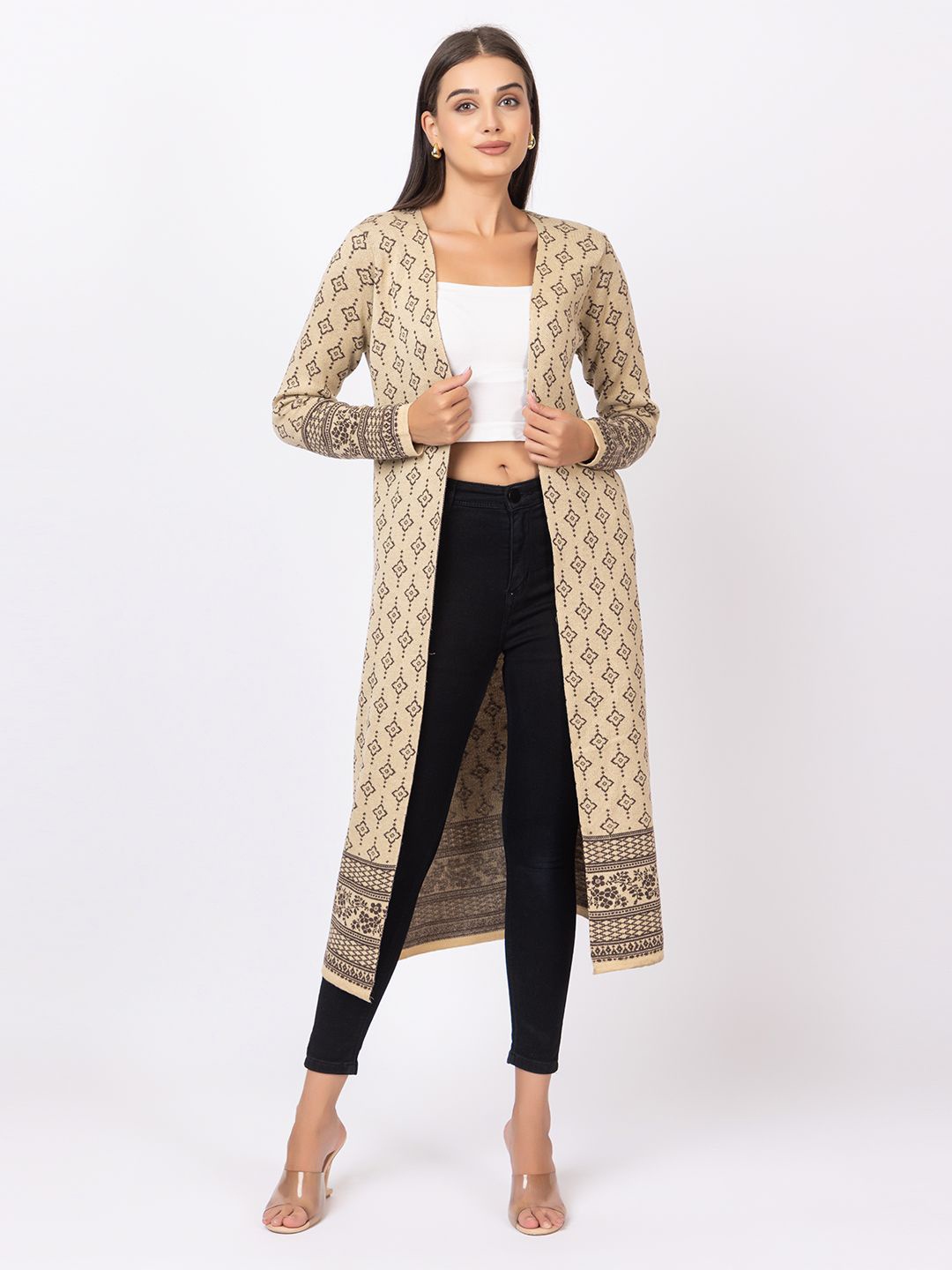 

Anouk Beige Ethnic Motifs Printed V-Neck Winter Open Front Longline Shrug