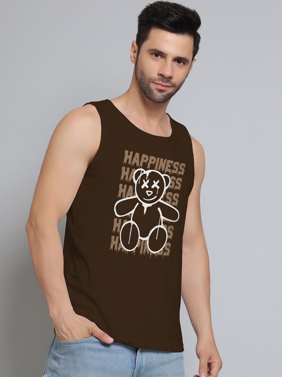

DAB SHARK Printed Cotton Sleeveless Gym Vest, Brown