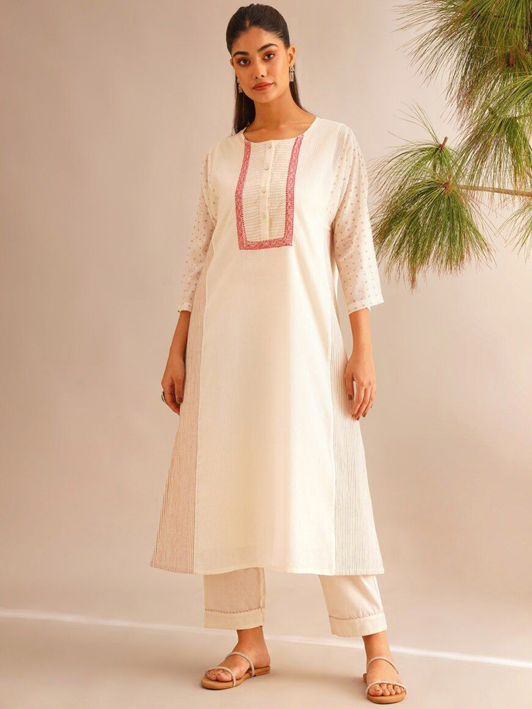 

JAYPORE Ethnic Motifs Yoke Design Pure Cotton A-Line Kurta With Inner Slip, White