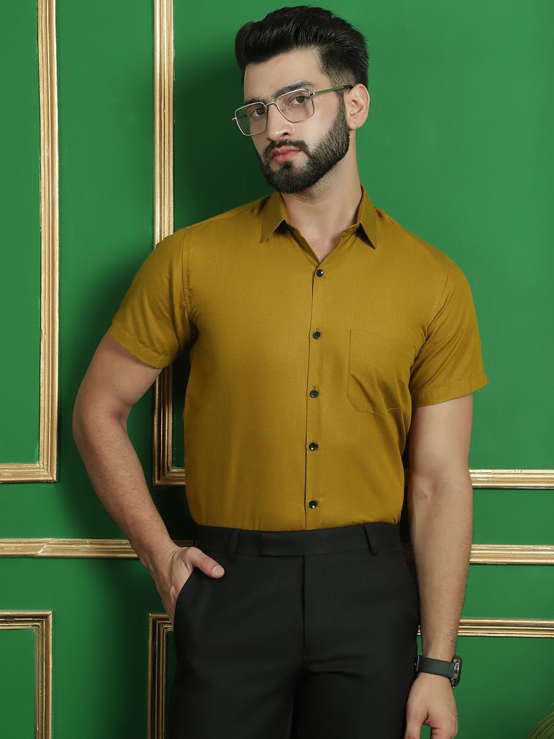 

Indian Needle Men Classic Cutaway Collar Solid Cotton Formal Shirt, Mustard