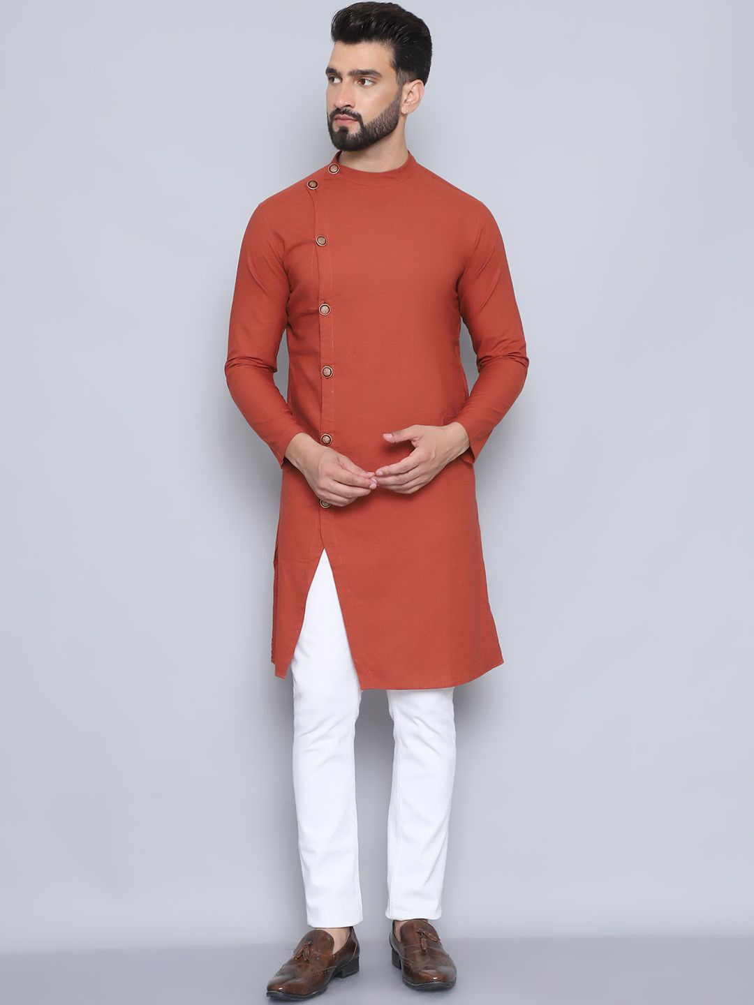

even Mandarin Collar Pure Cotton Straight Kurta, Rust