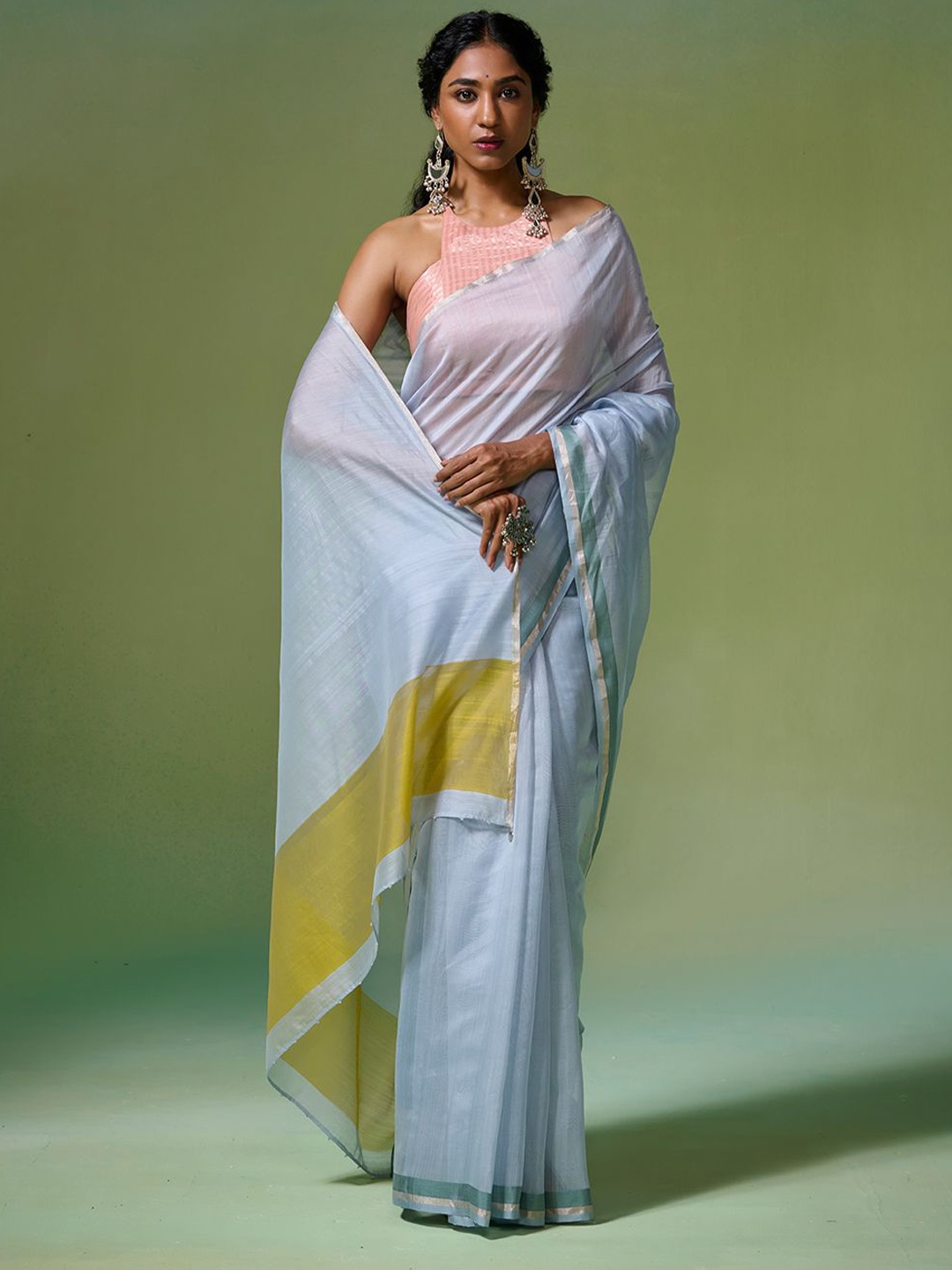 

Dressfolk solid Chanderi Saree with Blouse Piece, Blue